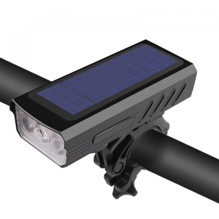 Lanterne - Lanterna bicicleta FiGGA® cu incarcare solara si cablu tip C, sirena, indicator baterie, lumini de atentionare, acumulator reincarcabil 2000 mAh, structura aliaj aluminiu, Negru