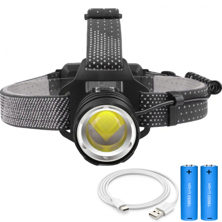Lanterne - Lanterna puternica de cap FiGGA® LED XHP-160.2, 48000 lumeni, 1600 metri distanta, 5000K, 2 baterii reincarcabile de 18650 Li/3500 mAh, Profesionala, Frontala, Cablu de incarcare