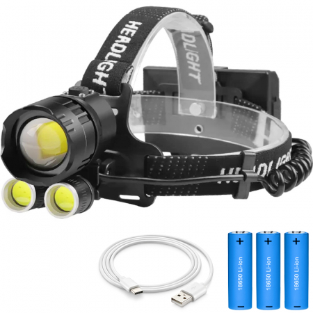 Lanterne - Lanterna puternica de cap FiGGA® LED XHP-160, 48000 lumeni, 1600 metri distanta, 5000K, 3 baterii reincarcabile de 18650 Li/3500 mAh, Profesionala, Frontala, Cablu de incarcare