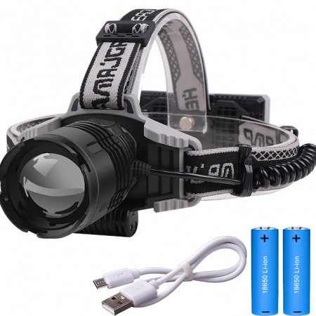 Lanterne - Lanterna puternica de cap FiGGA® LED XHP-70, 21000 lumeni, 700 metri distanta, 5000K, 2 baterii reincarcabile de 18650 Li/3500 mAh, Profesionala, Frontala, Cablu de incarcare
